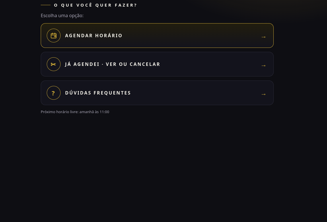 Menu da página pública do Dominada Barber